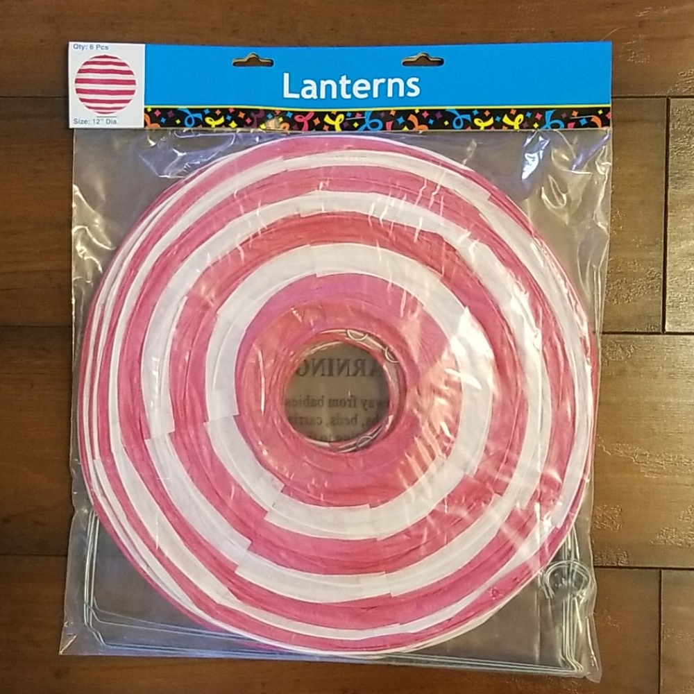 6 Pink & White Striped Paper Lanterns